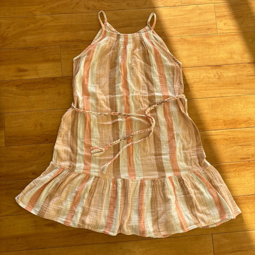 Indigo Rose Striped Gauze Halter Dress Belted‎ Tiered Ruffle Midi Women's L